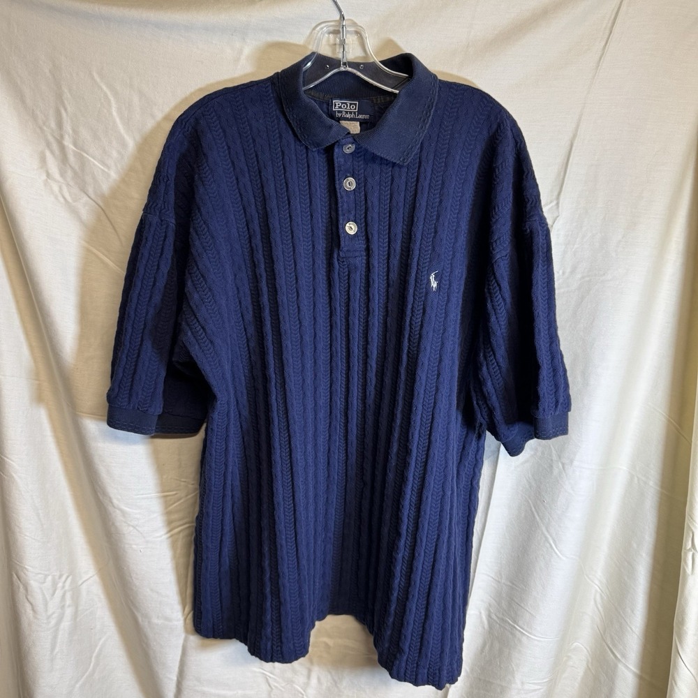 Polo Ralph Lauren Mens XL Navy Cable Knit Short Sleeve Polo Shirt Cotton Vintage